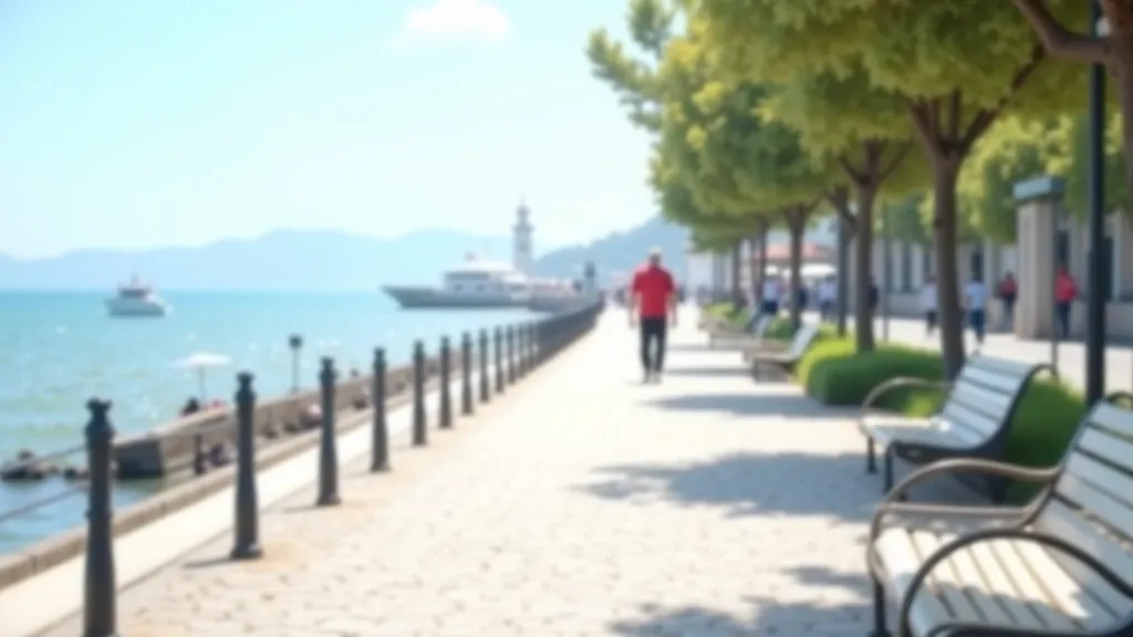 Promenada prie jūros su turėklais ir šviestuvais